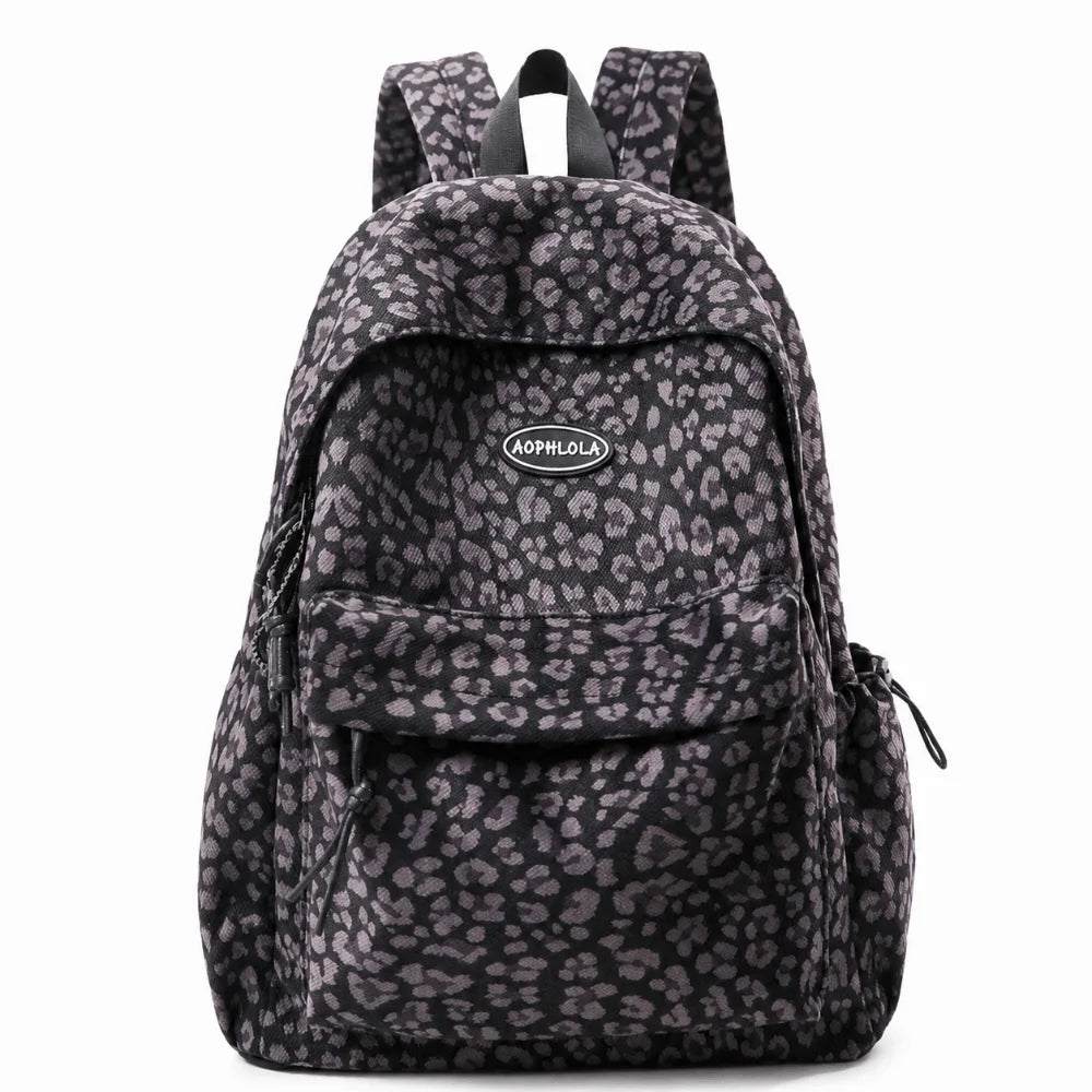A leopard print laptop backpack with padded straps in black and gray.