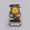 A lanyard key ring featuring a stylized sun design with orange rays and clouds on a dark background.