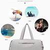 A light gray Oxford gym duffel bag with a wet/dry compartment, shown next to images of people exercising.