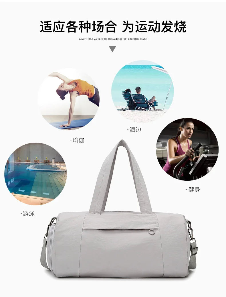 A light gray Oxford gym duffel bag with a wet/dry compartment, shown next to images of people exercising.