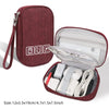 A maroon portable digital organizer storage pouch with a zippered compartment showing various electronic accessories.