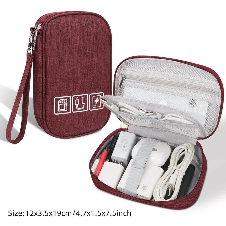 A maroon portable digital organizer storage pouch with a zippered compartment showing various electronic accessories.