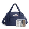 Navy expandable lightweight travel duffle bag with a zippered compartment and shoulder straps