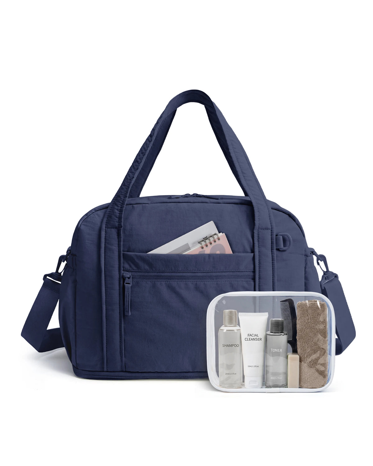 Navy expandable lightweight travel duffle bag with a zippered compartment and shoulder straps