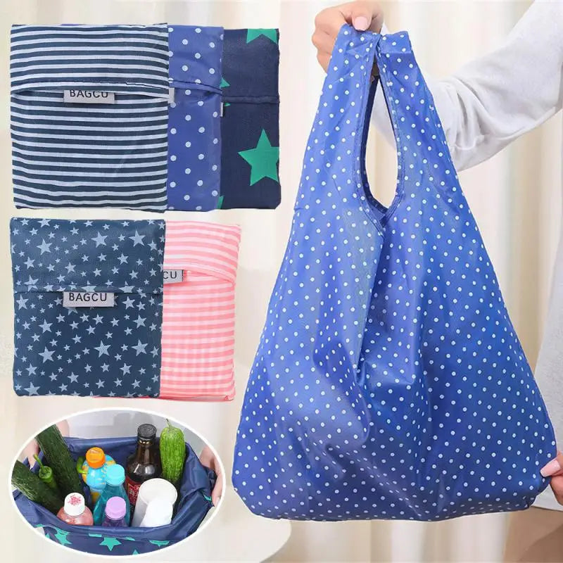 A blue polka-dotted reusable shopping bag is shown alongside various fabric bags and a small basket.