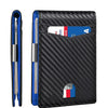 Black carbon fiber wallet with blue accents and an RFID protection tool visible.