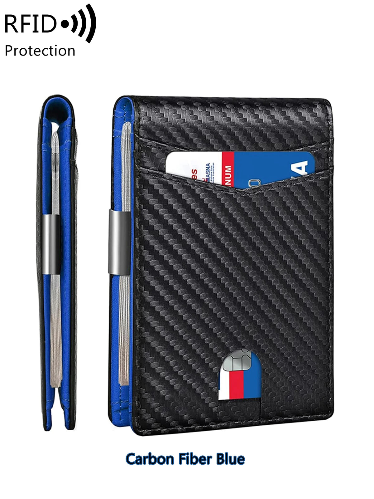 Black carbon fiber wallet with blue accents and an RFID protection tool visible.