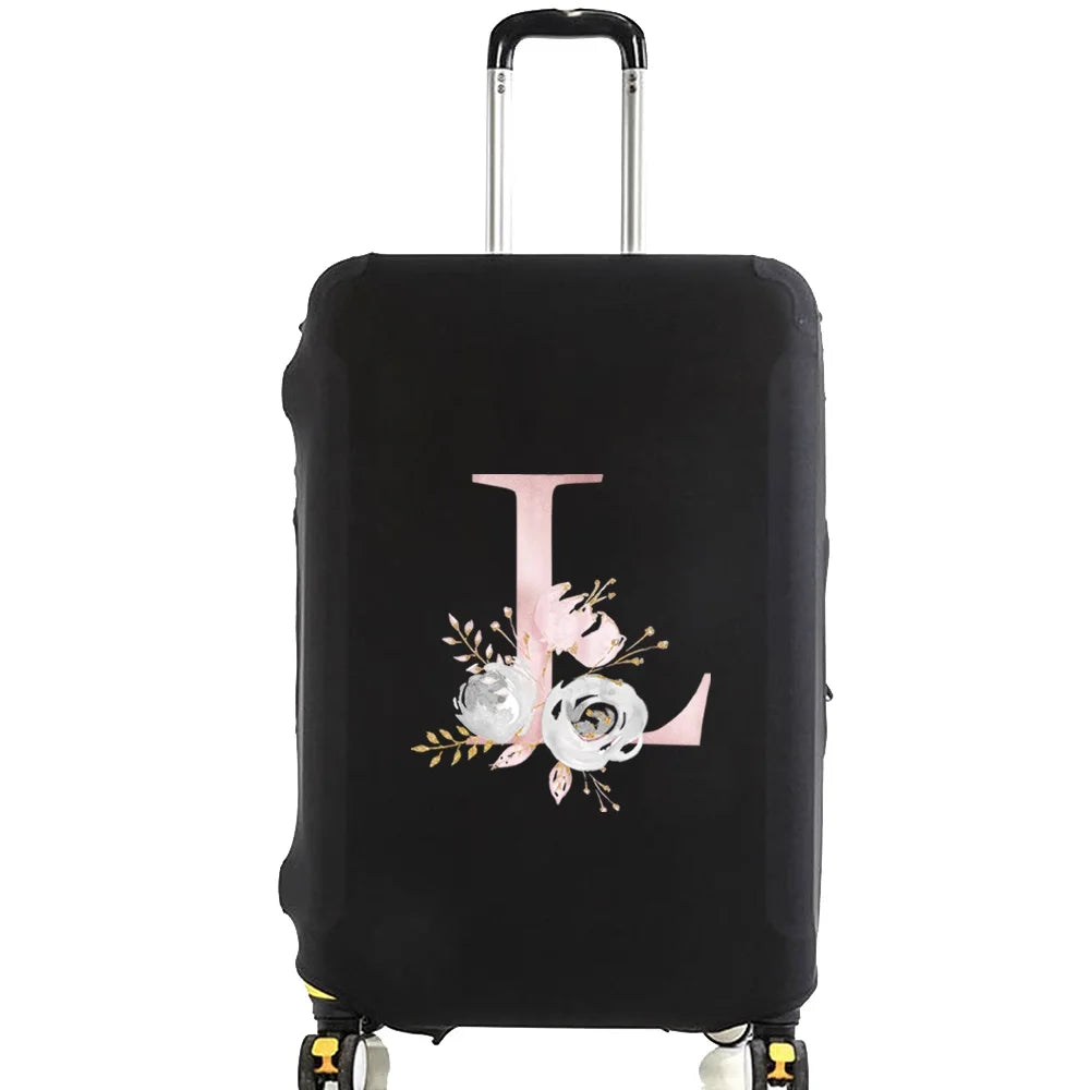 Black luggage with a pink floral design on the side.