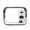A clear plastic travel-sized toiletry bag with black icons for a plane, suitcase, and bottles.