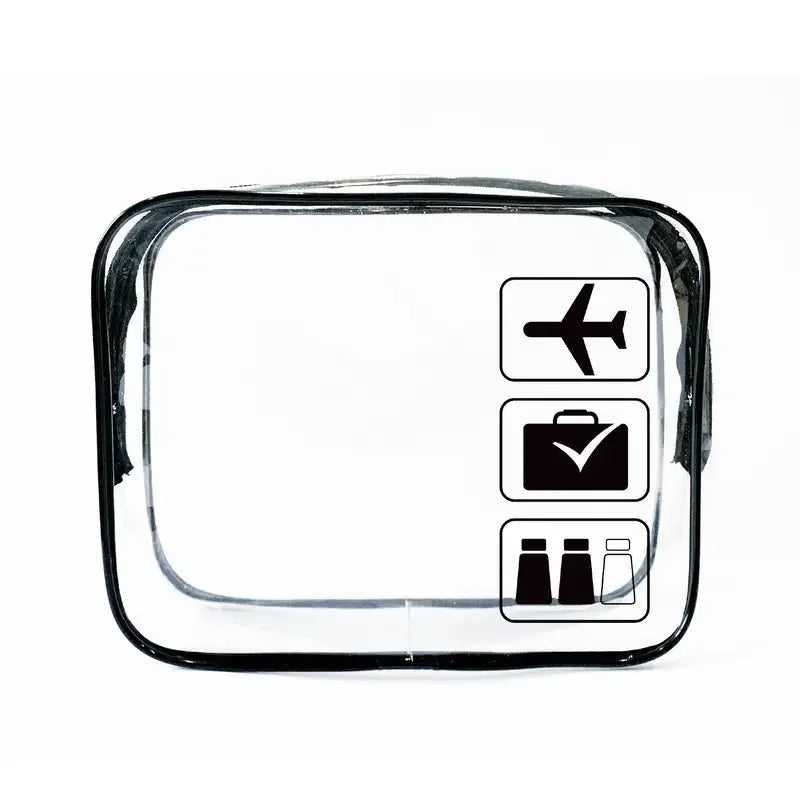 A clear plastic travel-sized toiletry bag with black icons for a plane, suitcase, and bottles.
