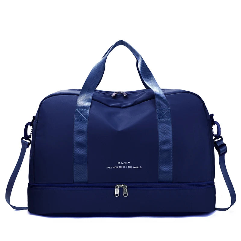 Navy blue expandable nylon travel duffle bag with dark blue straps and zipper pocket