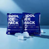 Two blue ice pack bags are shown with ice cubes on a light blue surface.