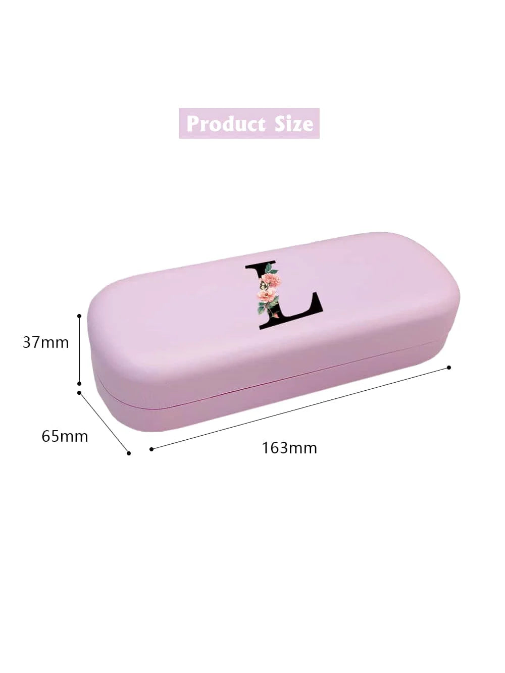 A light purple PU leather hard shell eyeglass case with a black letter charm, shown from the side.