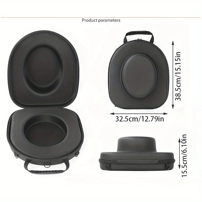 Black durable EVA hard shell hat case shown in various forms including an open lid, a closed bag, and a flat storage case.