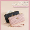 A women's fashion purse in pink and black featuring an adjustable shoulder strap and a double zipper design.