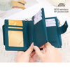 A dark teal RFID blocking card holder wallet is shown open, displaying cards and a transparent window.