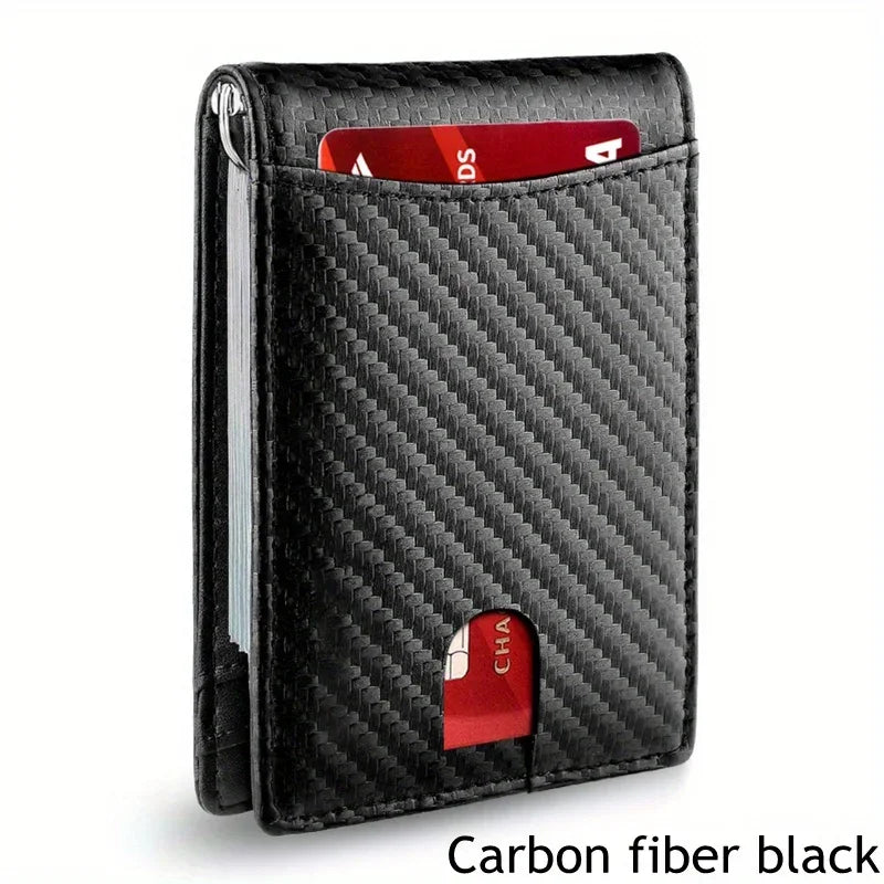 A black carbon fiber wallet with a flap showing a credit card and a compartment for cash.
