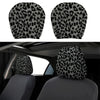 Two leopard print headrest covers shown separately and installed on a vehicle seat.