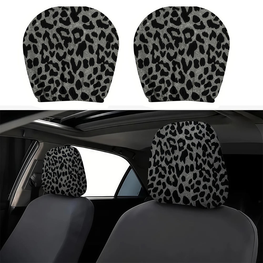 Two leopard print headrest covers shown separately and installed on a vehicle seat.