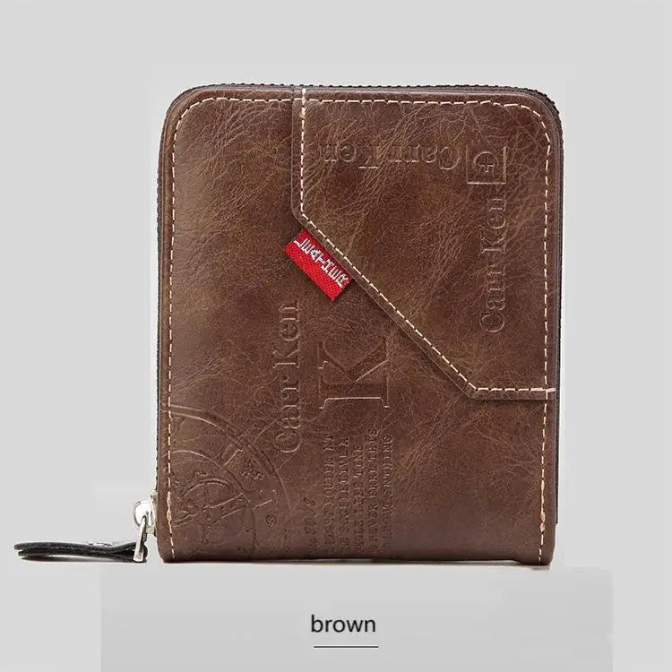 A brown men's PU waxed oil leather bi-fold wallet with stitching and a leather card slot.