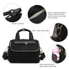 Black quilted mommy bag with a zipper pocket and elastic mesh pockets for water bottles on both sides