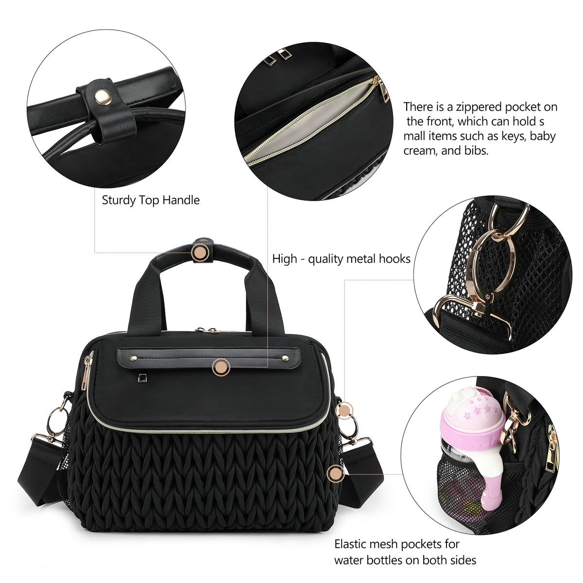 Black quilted mommy bag with a zipper pocket and elastic mesh pockets for water bottles on both sides