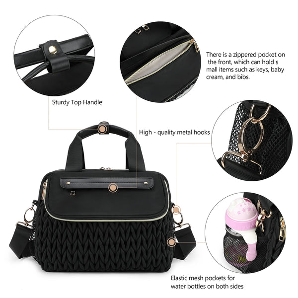 Black quilted mommy bag with a zipper pocket and elastic mesh pockets for water bottles on both sides