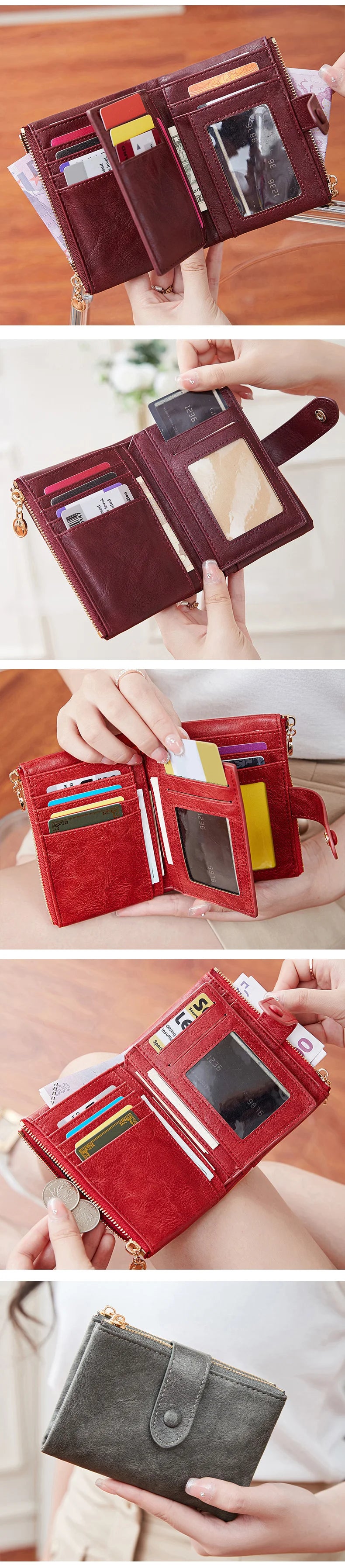 A close-up of a women's minimalist triple layer card holder wallet in deep red leather, shown being held by a hand.