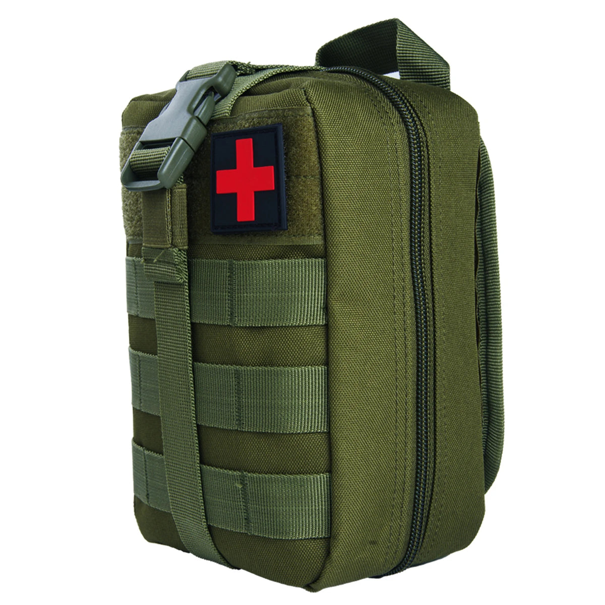 Olive green waterproof tactical waist pack first aid kit bag with a red cross insignia