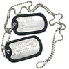 A set of two personalized military dog tag necklaces with engraved names and information on silver chains