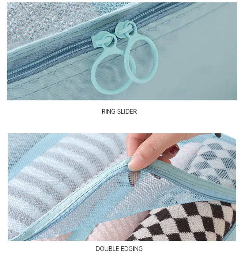 Close-up of a light blue zipper with a ring slider and double edging detail on a fabric organizer.