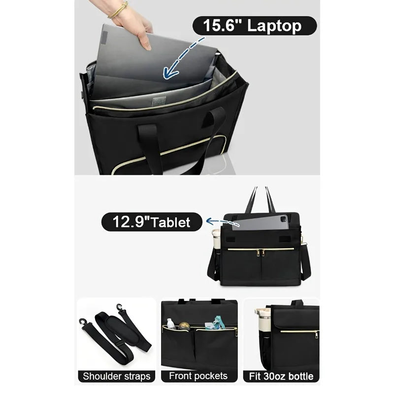 Black insulated laptop lunch tote featuring shoulder straps, front pockets, and a fit for a 30oz bottle.