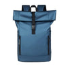 A dark blue waterproof business laptop backpack with padded straps and multiple storage compartments.