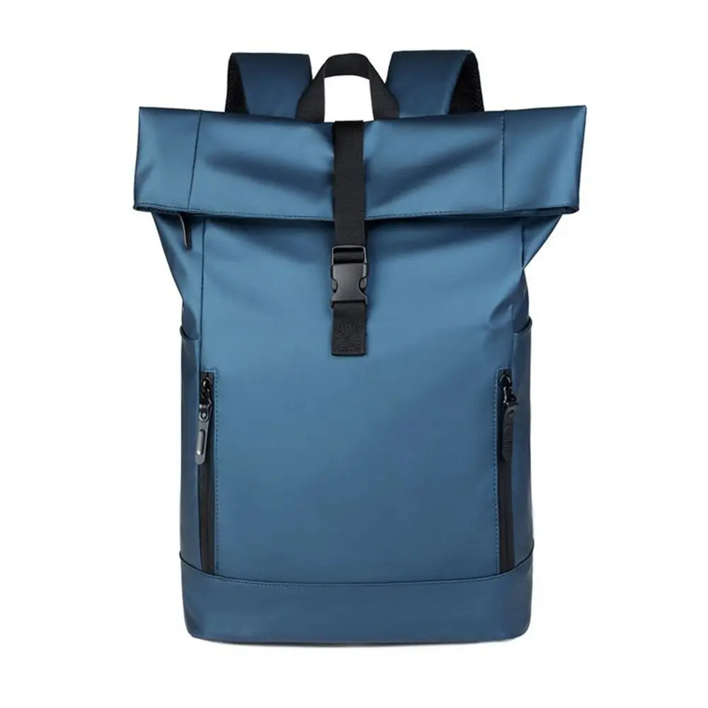 A dark blue waterproof business laptop backpack with padded straps and multiple storage compartments.