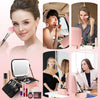 A collection of pink LED lighted makeup train cases and tools for applying makeup.