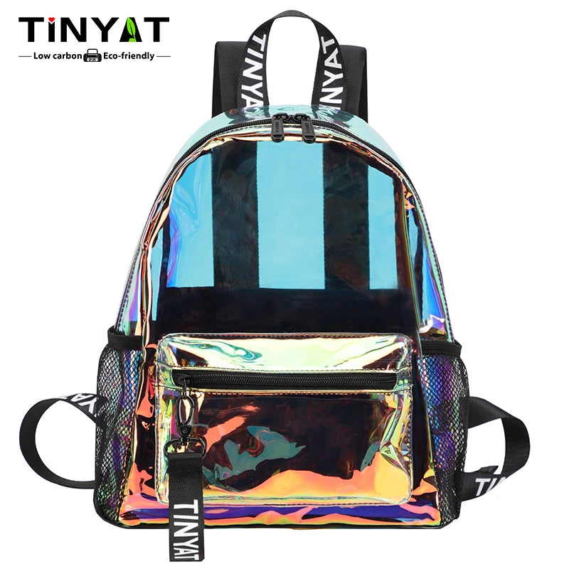 A clear PVC backpack with a multi-colored iridescent and metallic finish.