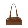 A brown glossy PU leather tote bag with dual straps shown from the front.