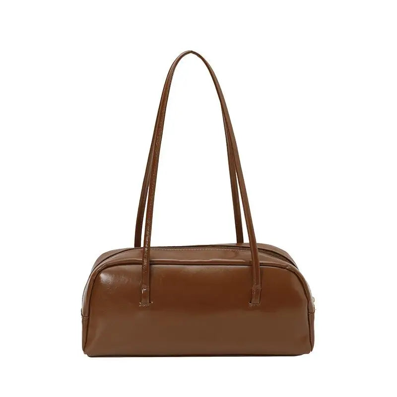 A brown glossy PU leather tote bag with dual straps shown from the front.