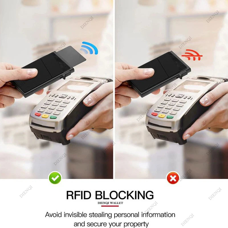 Hands demonstrate an RFID blocking card holder device used to secure personal information and property.