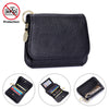 Black genuine leather slim trifold wallet with a zipper pouch and gold-tone hardware