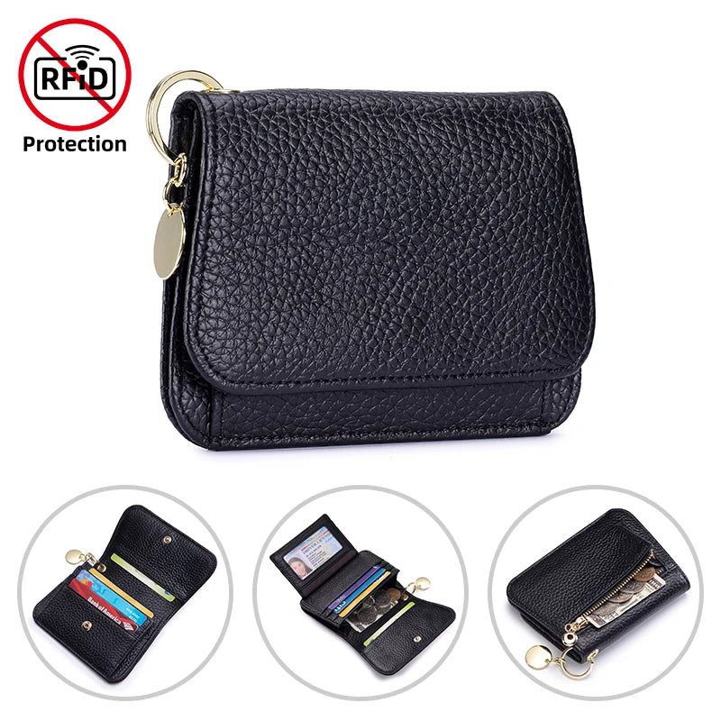 Black genuine leather slim trifold wallet with a zipper pouch and gold-tone hardware