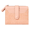 A light pink PU leather card wallet with a crocodile texture and a flap closure.