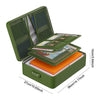 A green fireproof multi-layer document organizer box with a lid open, showing organized folders inside.