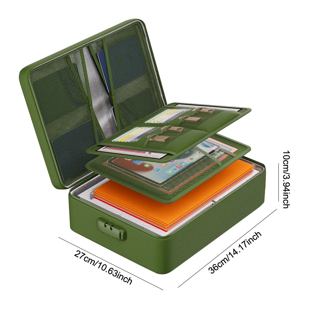 A green fireproof multi-layer document organizer box with a lid open, showing organized folders inside.