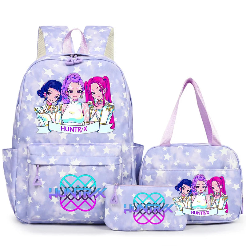 A purple nylon backpack set featuring illustrations of anime characters and a matching pouch.