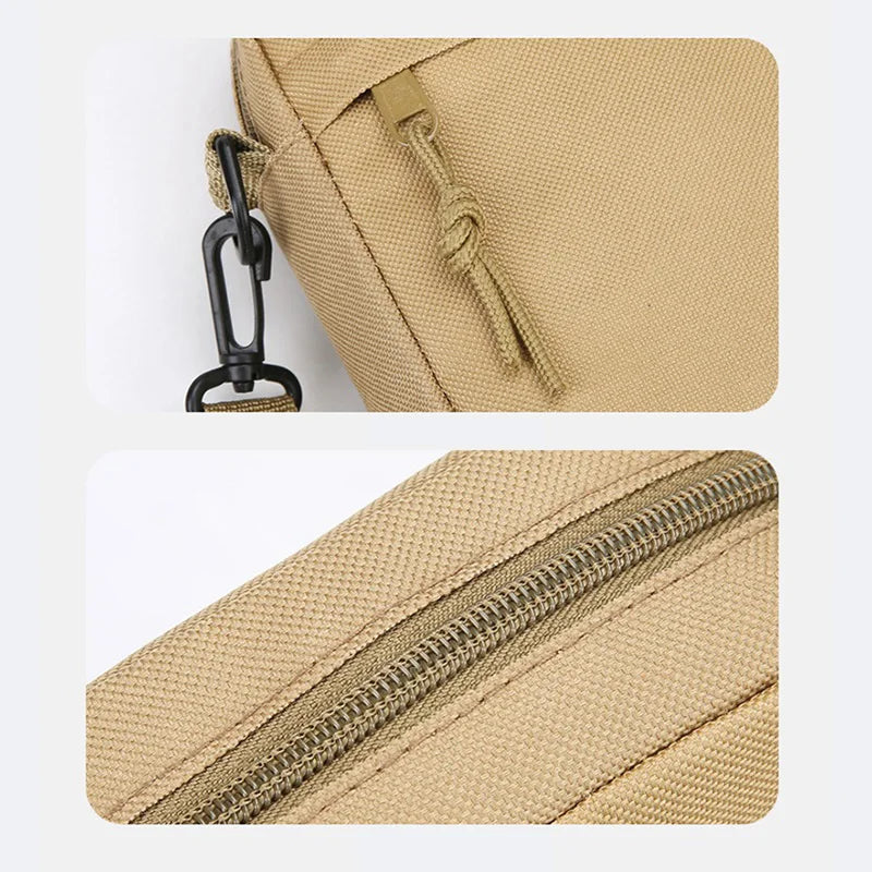Sac bandoulière beige unisexe, vu sous deux angles avec gros plan sur la fermeture éclair et les éléments métalliques.
