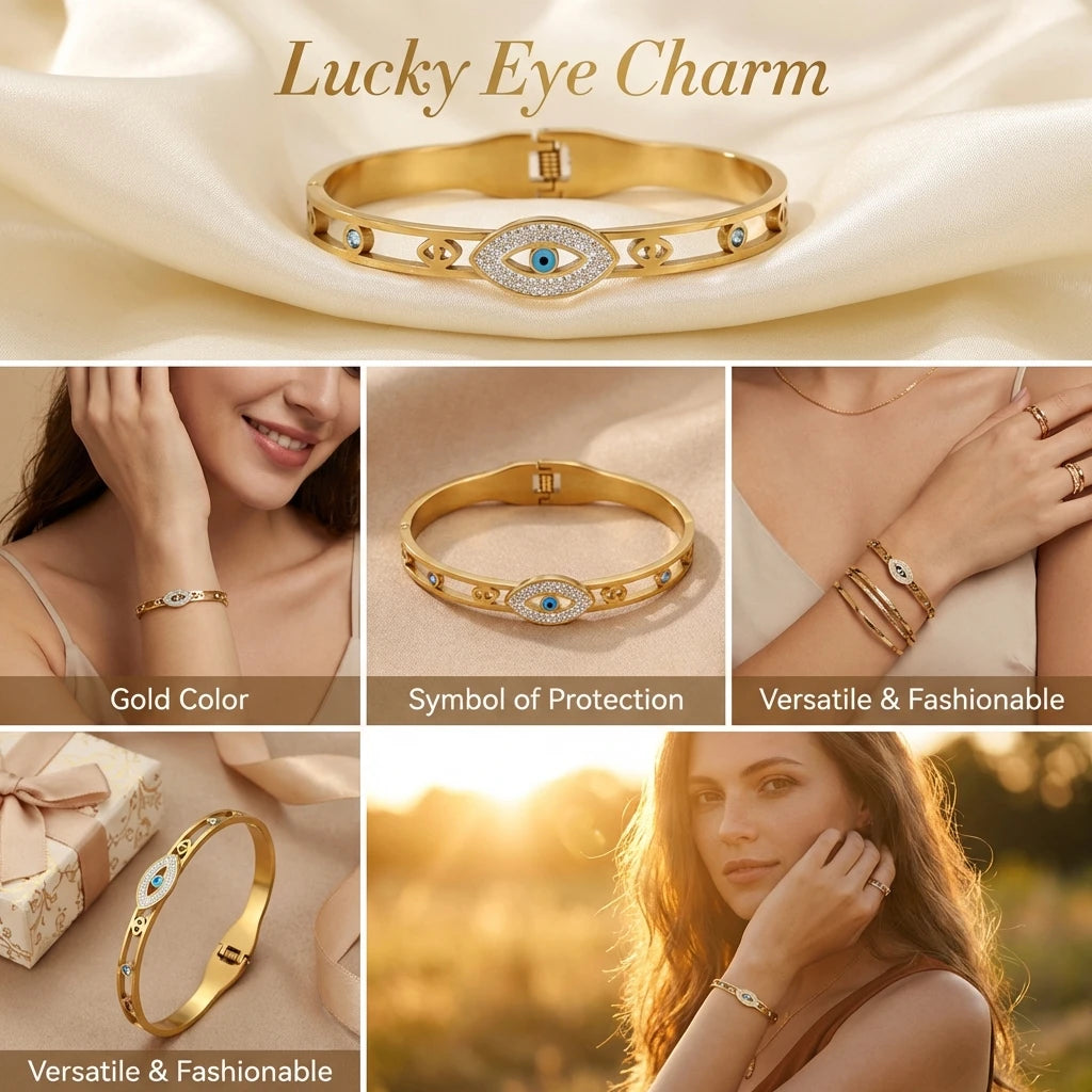 Gold eye charm bracelet featuring an evil eye crystal design worn on a wrist.