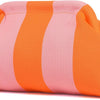 A striped knit clutch bag in orange and pink colors.