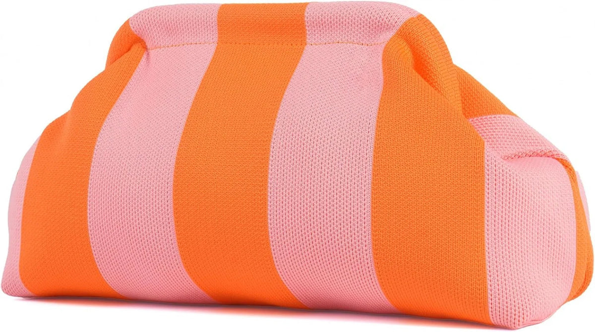 A striped knit clutch bag in orange and pink colors.