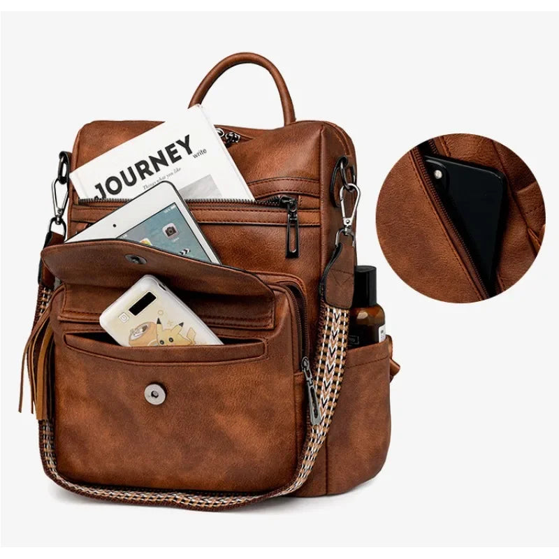 A brown retro PU leather travel backpack filled with various accessories and a white notebook.